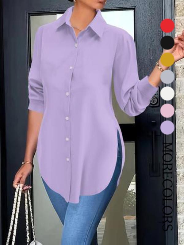 Plus Size Women's Plain Button Front Split Side Shirt, Casual Long Sleeve Collared Top for Spring & Fall, Ladies Clothes for Daily Wear