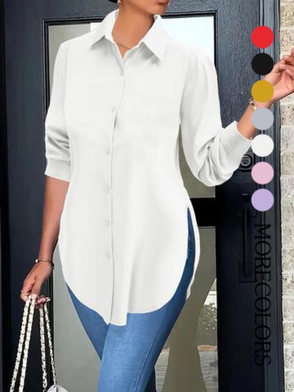 Plus Size Women's Plain Button Front Split Side Shirt, Casual Long Sleeve Collared Top for Spring & Fall, Ladies Clothes for Daily Wear
