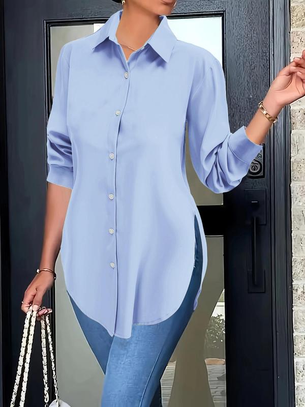 Plus Size Women's Plain Button Front Split Side Shirt, Casual Long Sleeve Collared Top for Spring & Fall, Ladies Clothes for Daily Wear