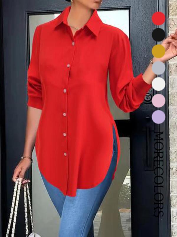 Plus Size Women's Plain Button Front Split Side Shirt, Casual Long Sleeve Collared Top for Spring & Fall, Ladies Clothes for Daily Wear