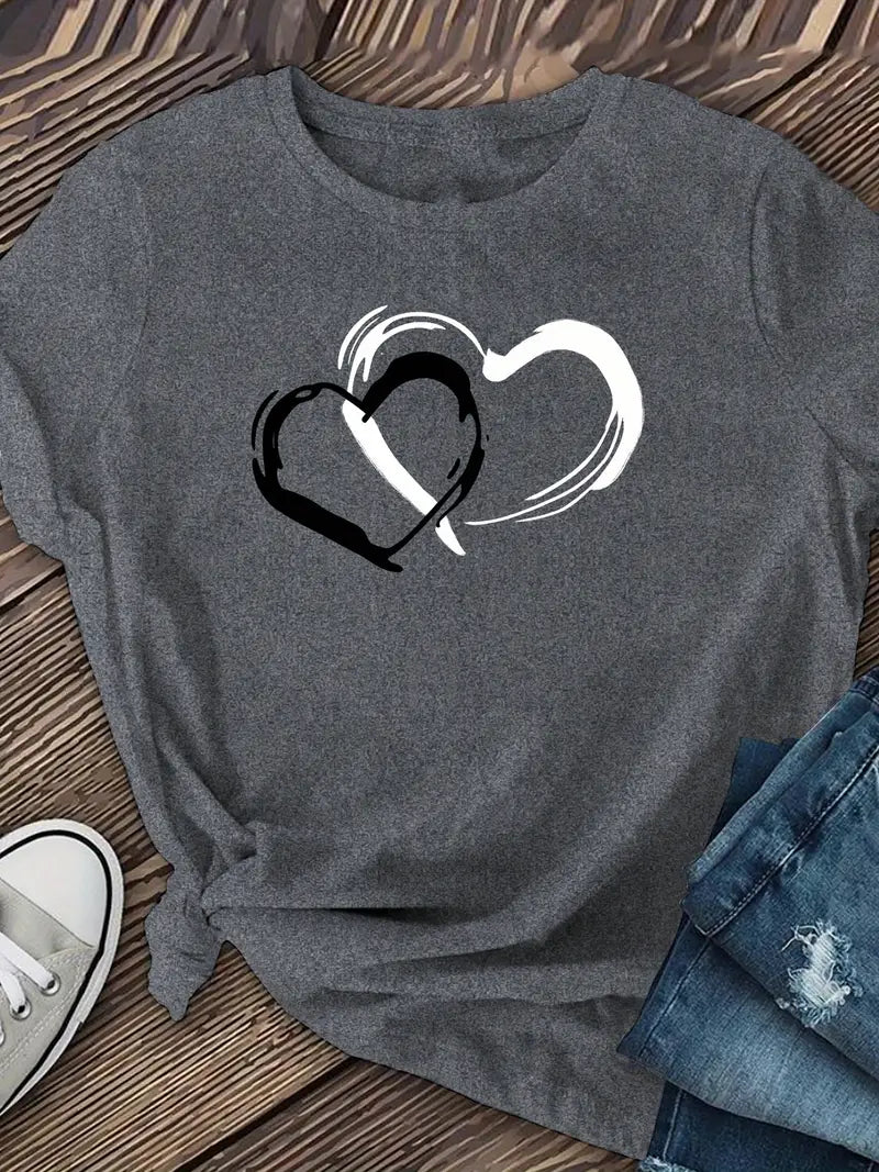 Women's Breathable Soft Medium Stretch T-Shirt - Elegant Black & White Heart Graphic