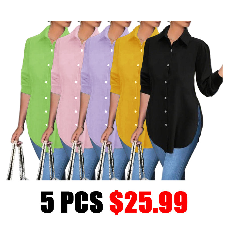 Plus Size Women's Plain Button Front Split Side Shirt, Casual Long Sleeve Collared Top for Spring & Fall, Ladies Clothes for Daily Wear