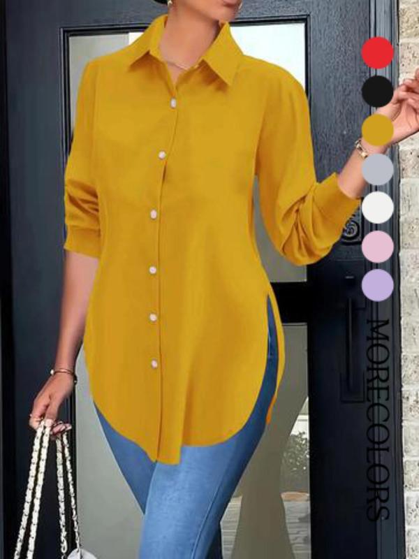 Plus Size Women's Plain Button Front Split Side Shirt, Casual Long Sleeve Collared Top for Spring & Fall, Ladies Clothes for Daily Wear