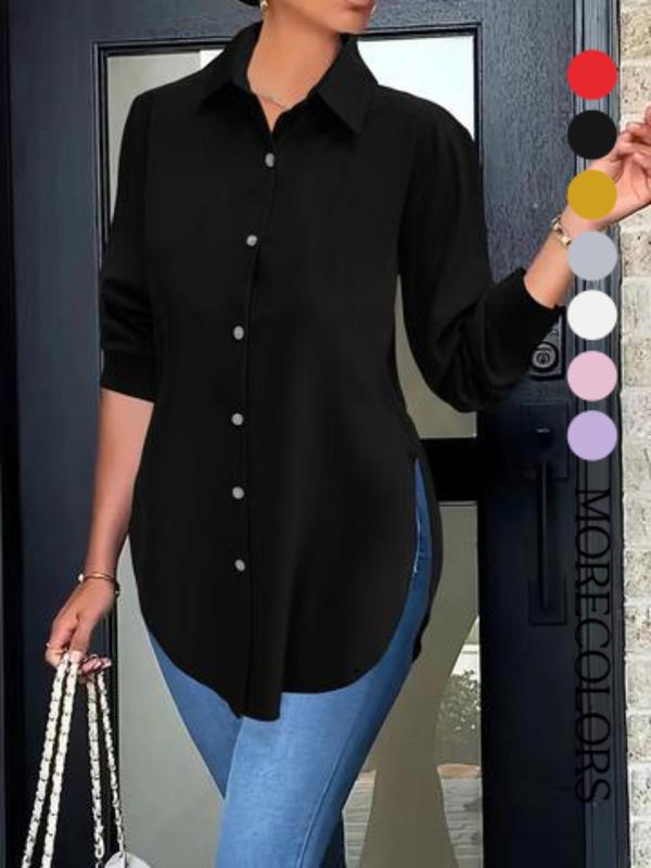 Plus Size Women's Plain Button Front Split Side Shirt, Casual Long Sleeve Collared Top for Spring & Fall, Ladies Clothes for Daily Wear
