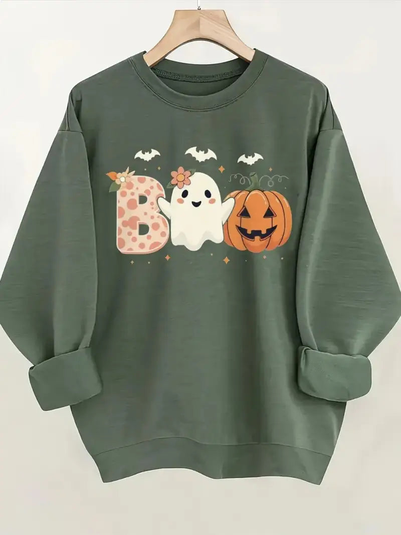 Women's Halloween Sweatshirt - Soft Crewneck Pullover with BOO Letters