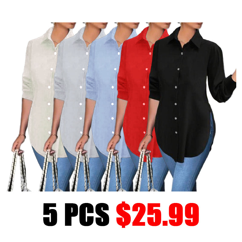 Plus Size Women's Plain Button Front Split Side Shirt, Casual Long Sleeve Collared Top for Spring & Fall, Ladies Clothes for Daily Wear