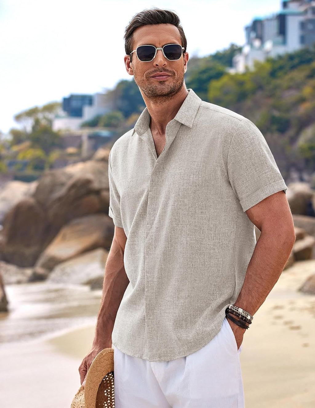 🔥Men's Linen Shirts Short Sleeve Casual Shirts Button Down Shirt for Men Beach Summer Wedding Shirt