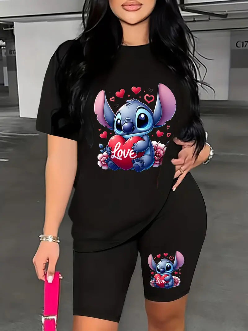Ladies Casual T-Shirt, Disney Stitch Holding a Heart, Cute Print