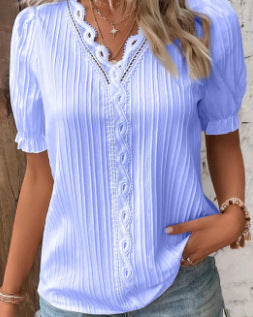 V Neck Plain Lace Elegant Shirt