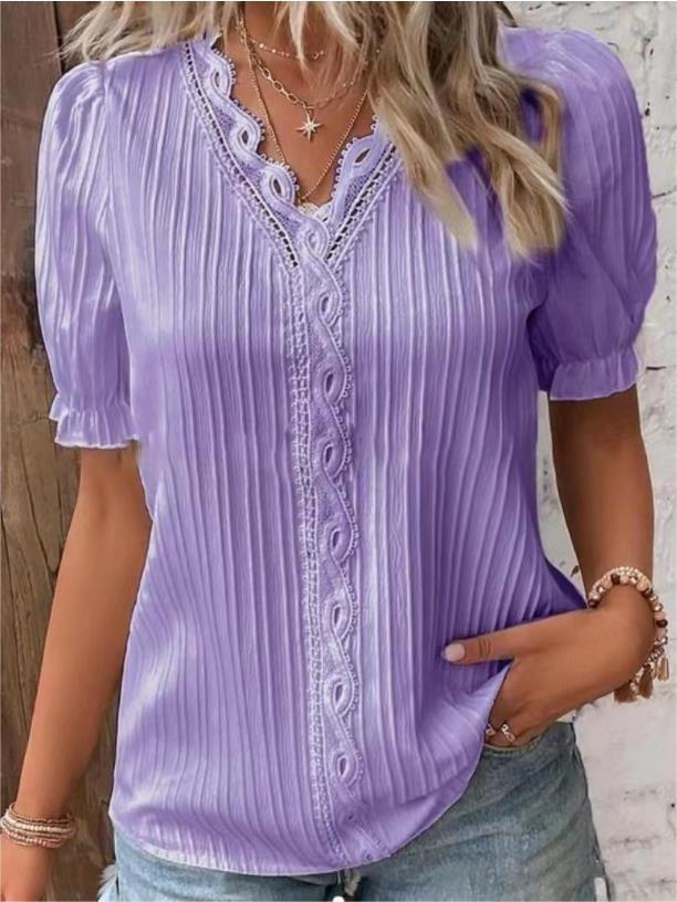V Neck Plain Lace Elegant Shirt