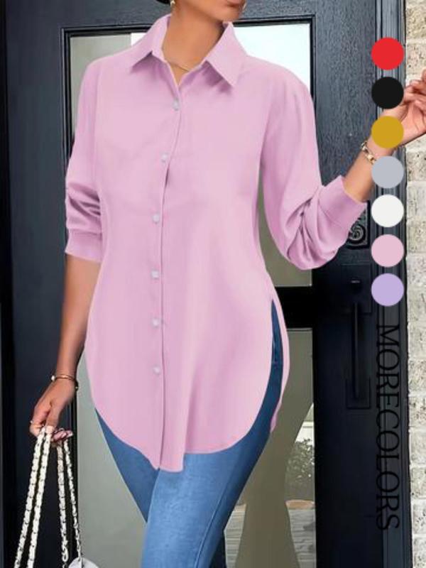Plus Size Women's Plain Button Front Split Side Shirt, Casual Long Sleeve Collared Top for Spring & Fall, Ladies Clothes for Daily Wear