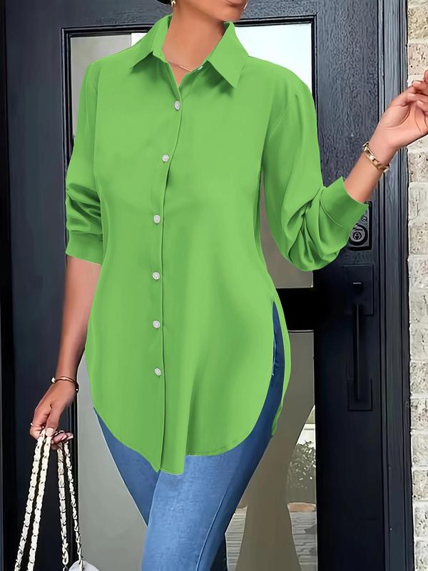 Plus Size Women's Plain Button Front Split Side Shirt, Casual Long Sleeve Collared Top for Spring & Fall, Ladies Clothes for Daily Wear