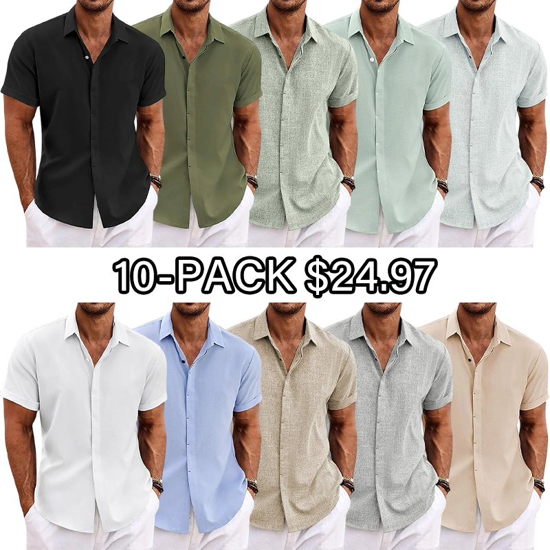 🔥Men's Linen Shirts Short Sleeve Casual Shirts Button Down Shirt for Men Beach Summer Wedding Shirt