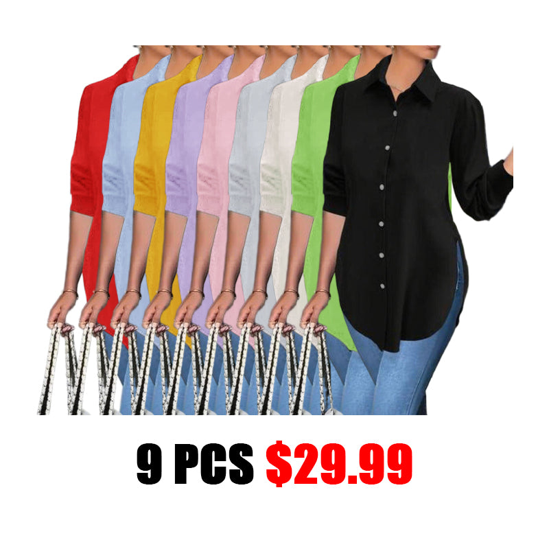 Plus Size Women's Plain Button Front Split Side Shirt, Casual Long Sleeve Collared Top for Spring & Fall, Ladies Clothes for Daily Wear