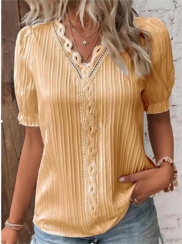 V Neck Plain Lace Elegant Shirt