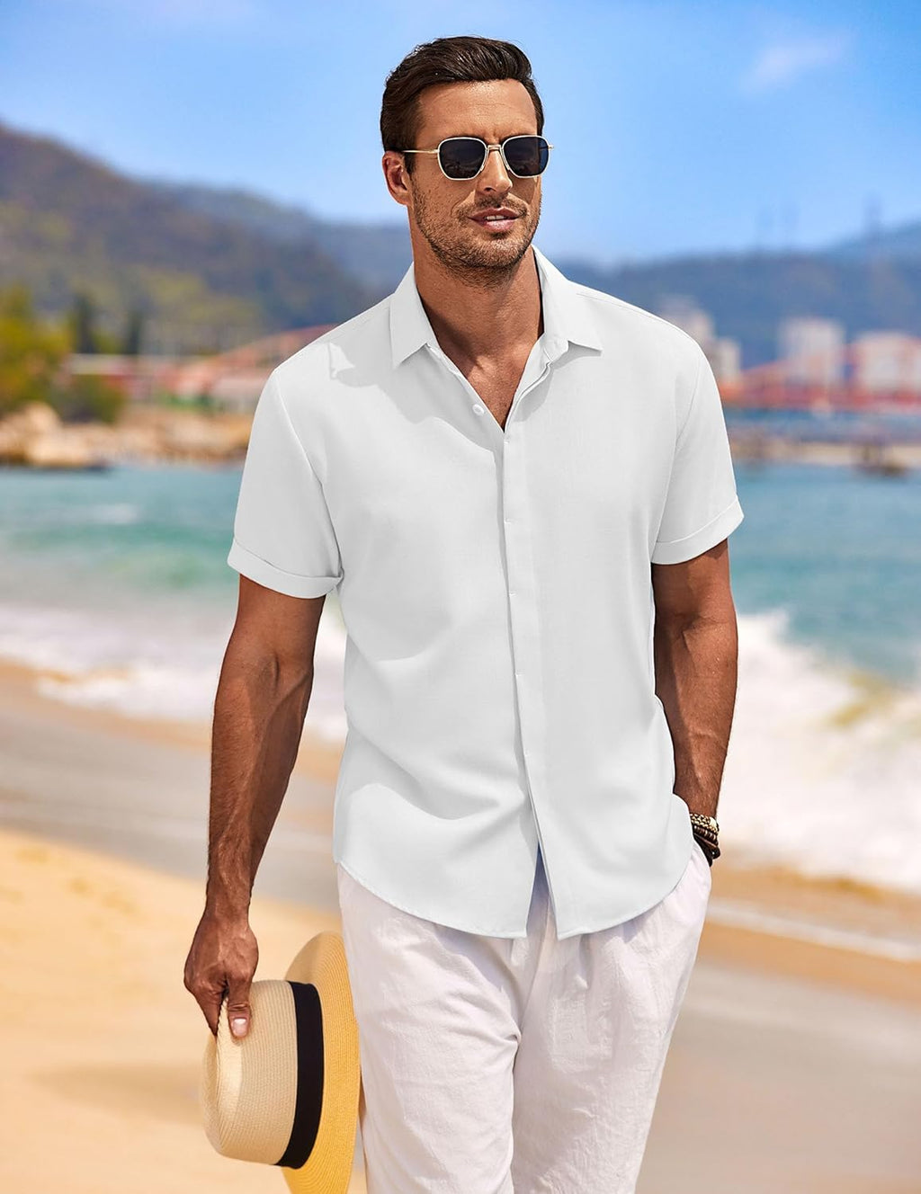 🔥Men's Linen Shirts Short Sleeve Casual Shirts Button Down Shirt for Men Beach Summer Wedding Shirt
