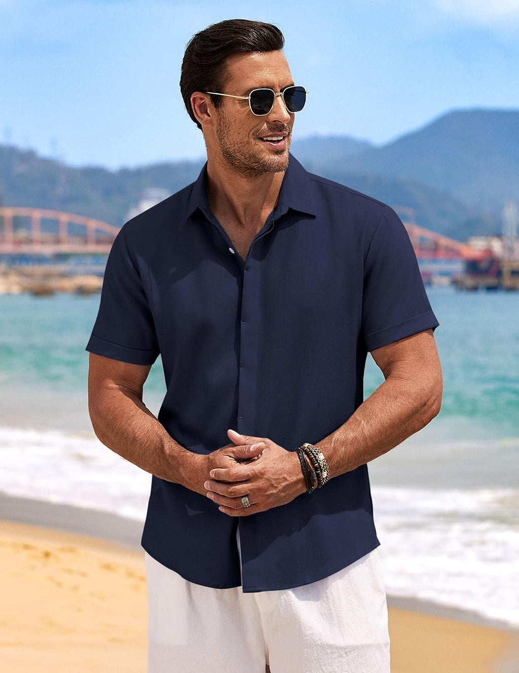 🔥Men's Linen Shirts Short Sleeve Casual Shirts Button Down Shirt for Men Beach Summer Wedding Shirt