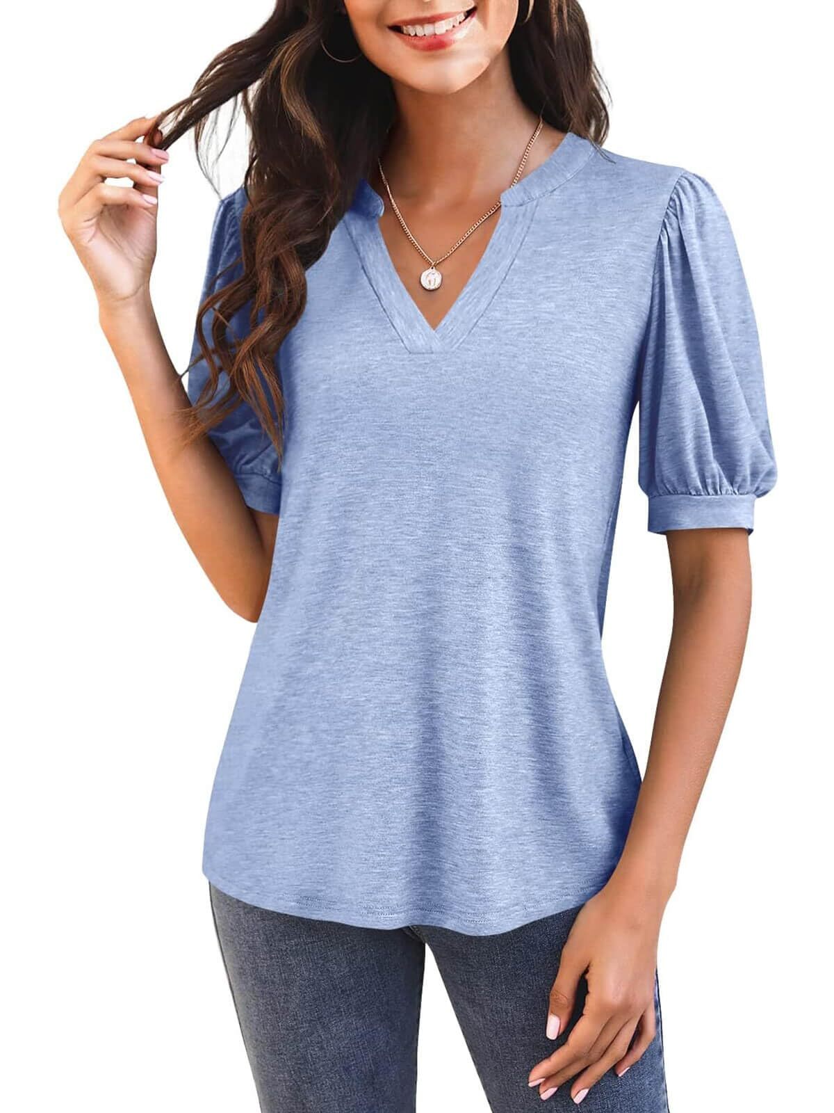 Women's V Neck Puff Sleeve Basic T-shirt (Buy 3 Free Shipping)