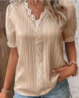 V Neck Plain Lace Elegant Shirt