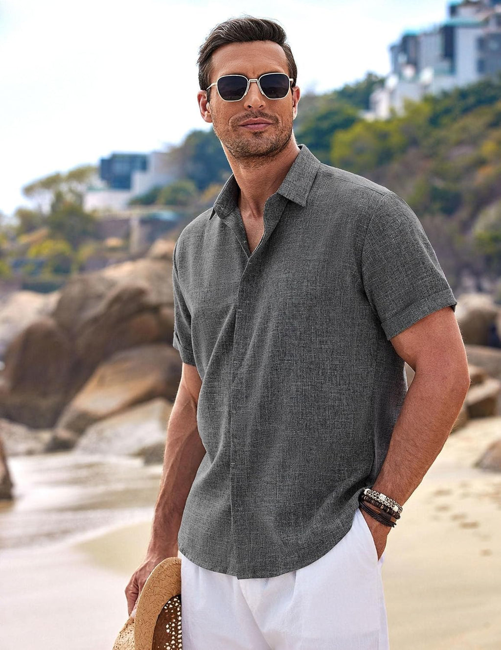 🔥Men's Linen Shirts Short Sleeve Casual Shirts Button Down Shirt for Men Beach Summer Wedding Shirt
